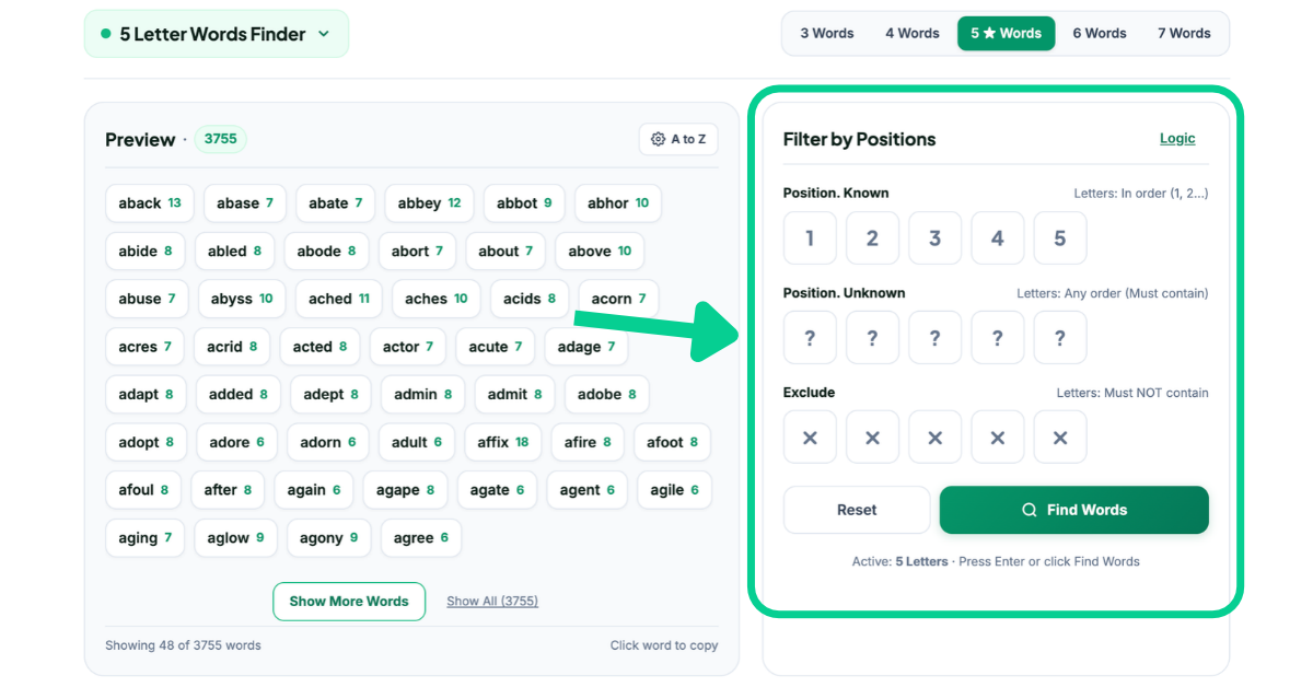 Find 5 Letter Words Filter
